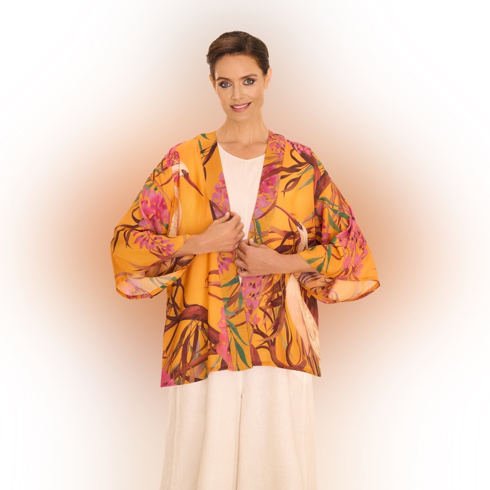 Powder Oriental Crane kimono jacket in ochre (orange/pink/purple) viscose-NEW